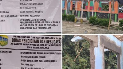 Lemahnya Pengawasan dari Pihak Dinas pendidikan, Rehabilitasi SMPN 2 Cigalontang Diduga Gunakan Material Bekas