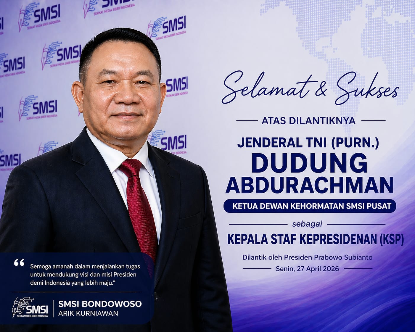 Dilantik Presiden Prabowo, Dudung Abdurachman Jadi KSP, SMSI Bondowoso Sampaikan Apresiasi