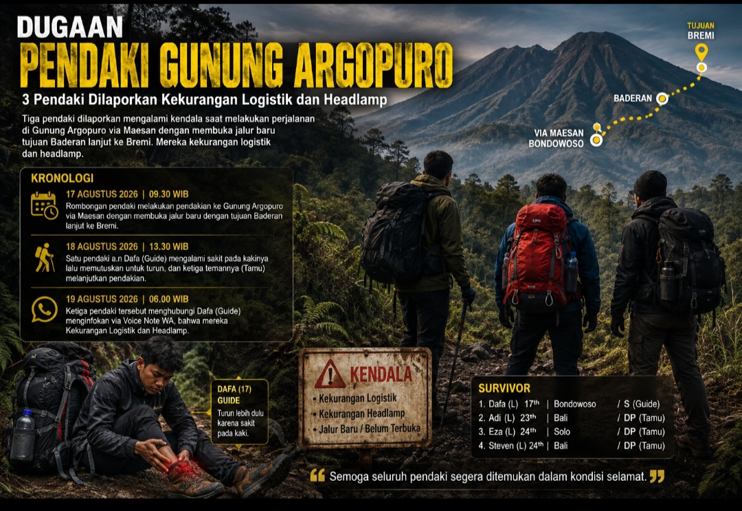 Tiga Pendaki Gunung Argopuro Dilaporkan Kekurangan Logistik dan Headlamp